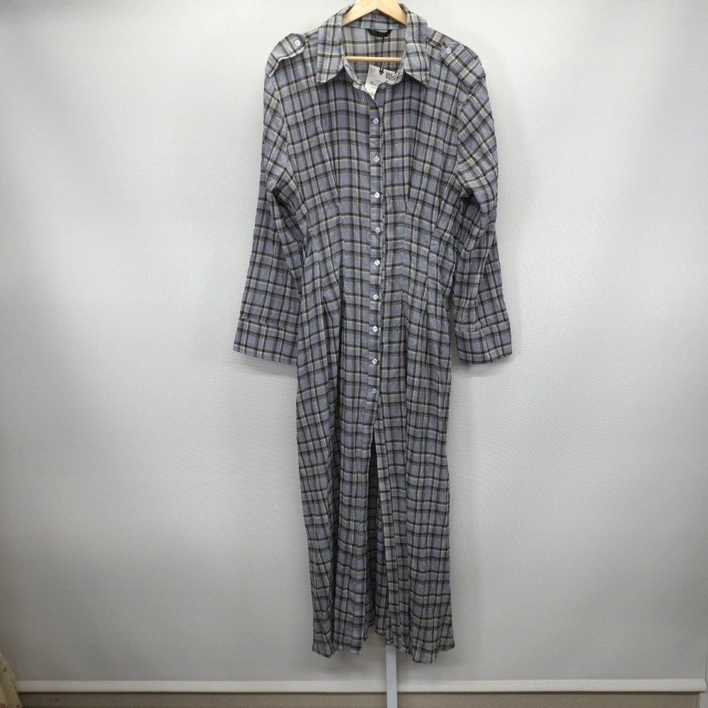 Zara Blue Plaid Button Down Maxi Shirtdress Epaulettes XL 4772/303/049